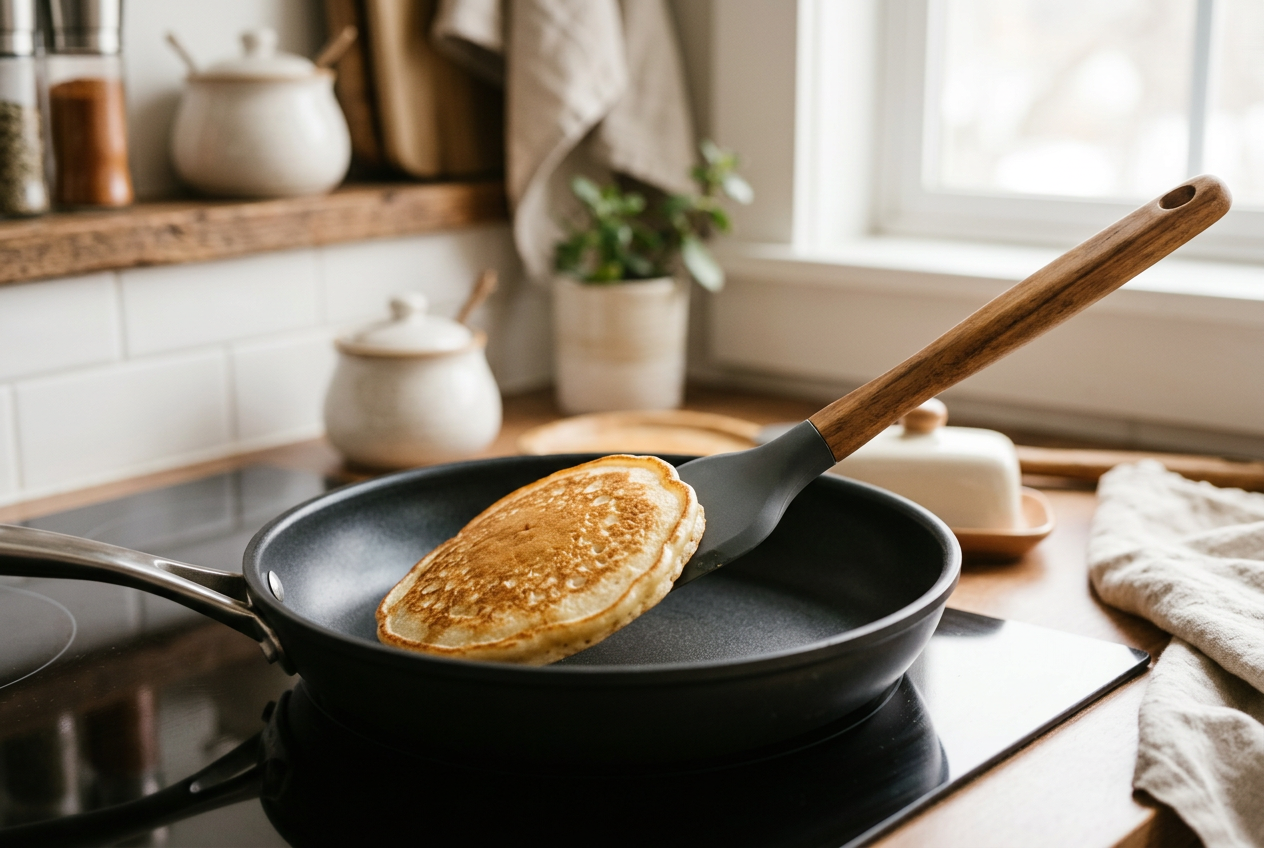 Silicone kitchen tool used with a non-stick pan