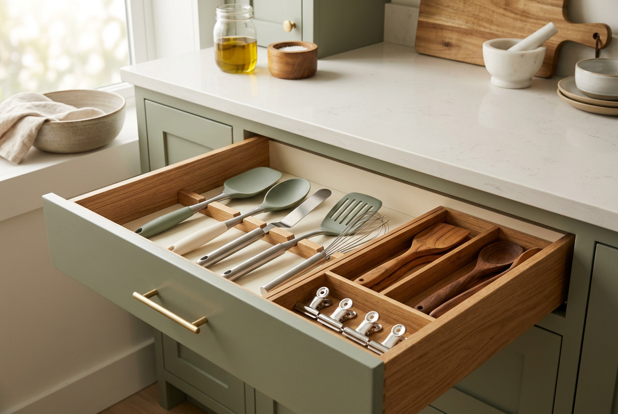 Organized kitchen drawer with warm silicone utensils