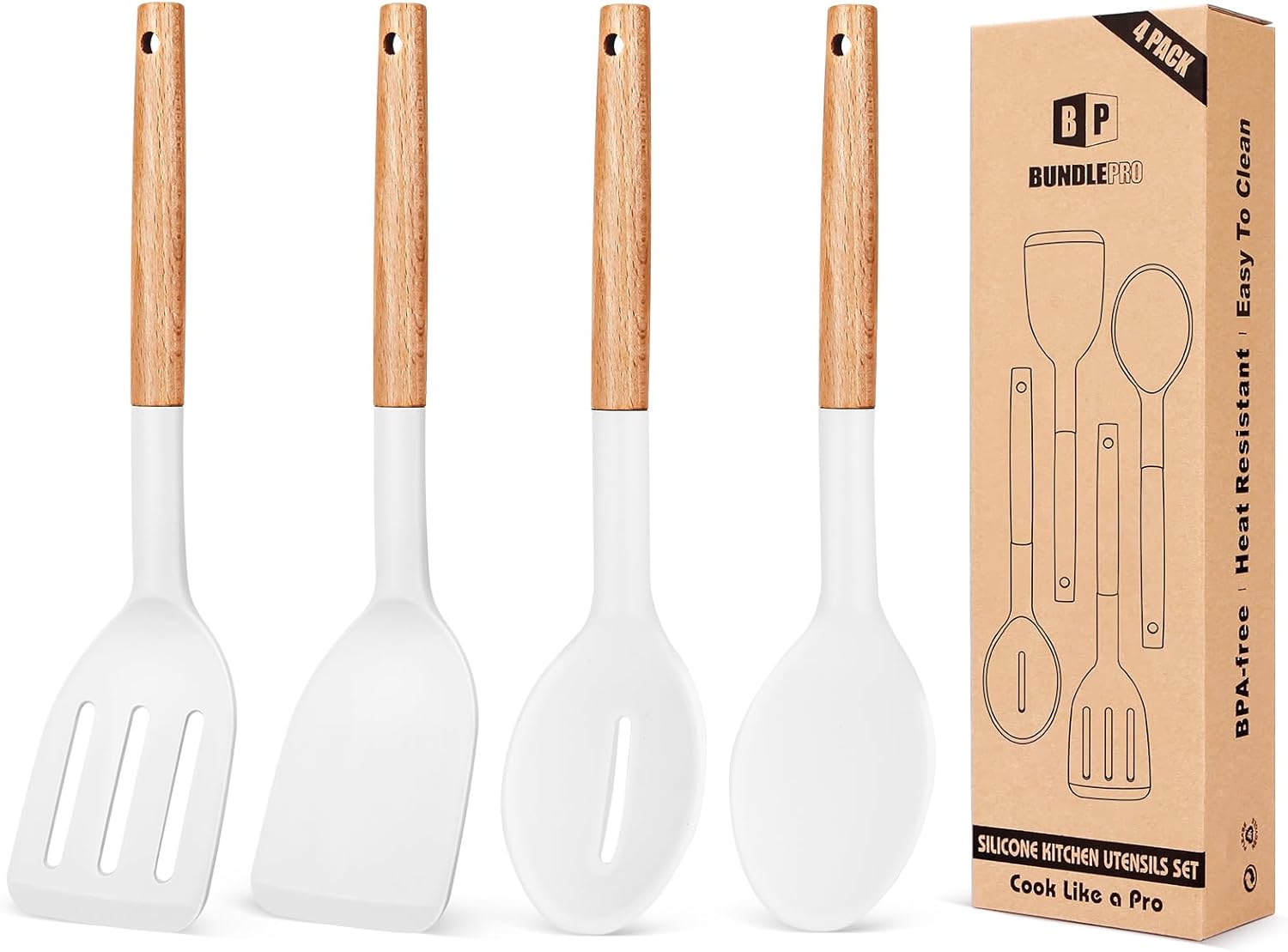 4-Piece Silicone Utensil Set with Wooden Handles