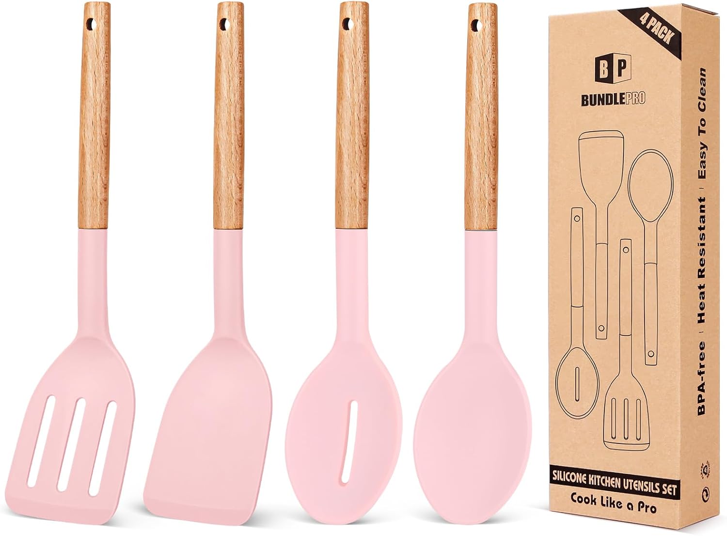 4-Piece Silicone Utensil Set with Wooden Handles