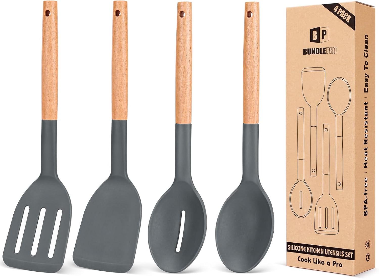 4-Piece Silicone Utensil Set with Wooden Handles