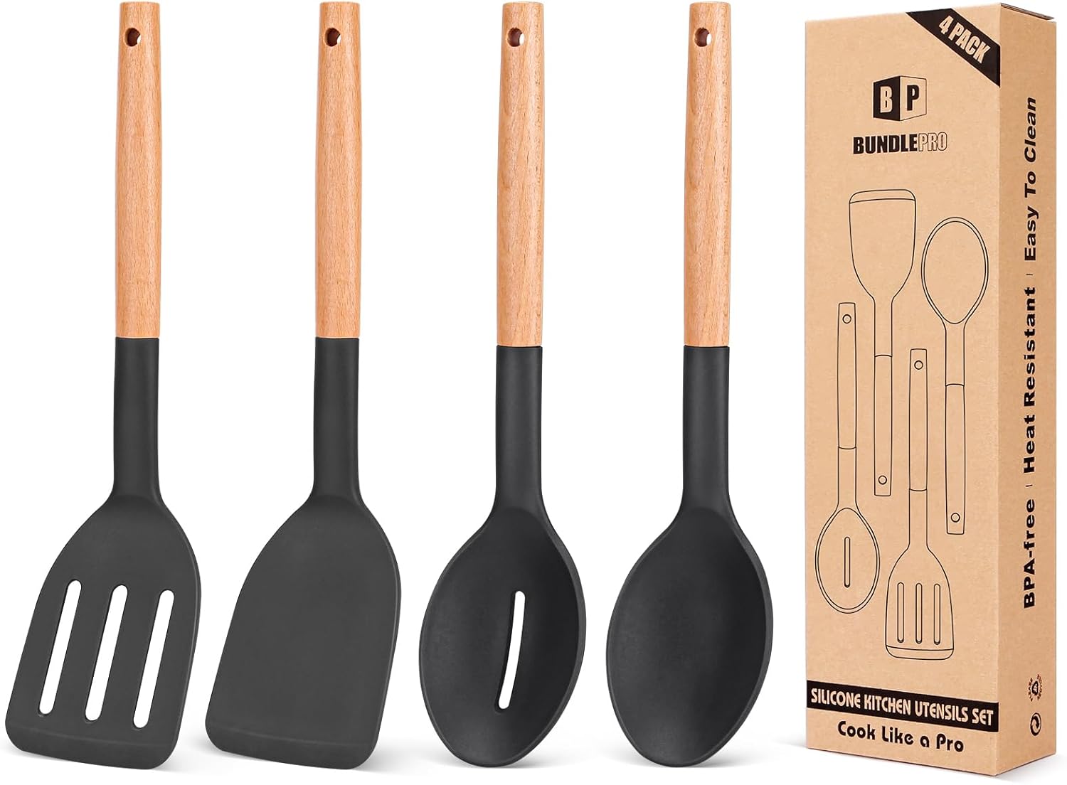 4-Piece Silicone Utensil Set with Wooden Handles