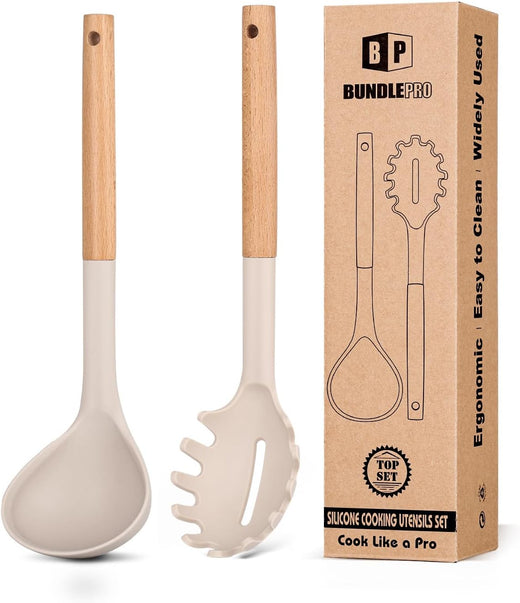 Silicone Pasta Fork and Ladle Set with Wooden Handles