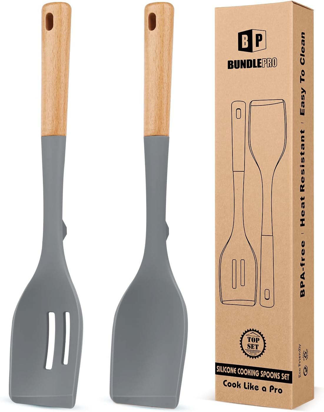 2-Pack Silicone Cooking Spoons with Wooden Handles