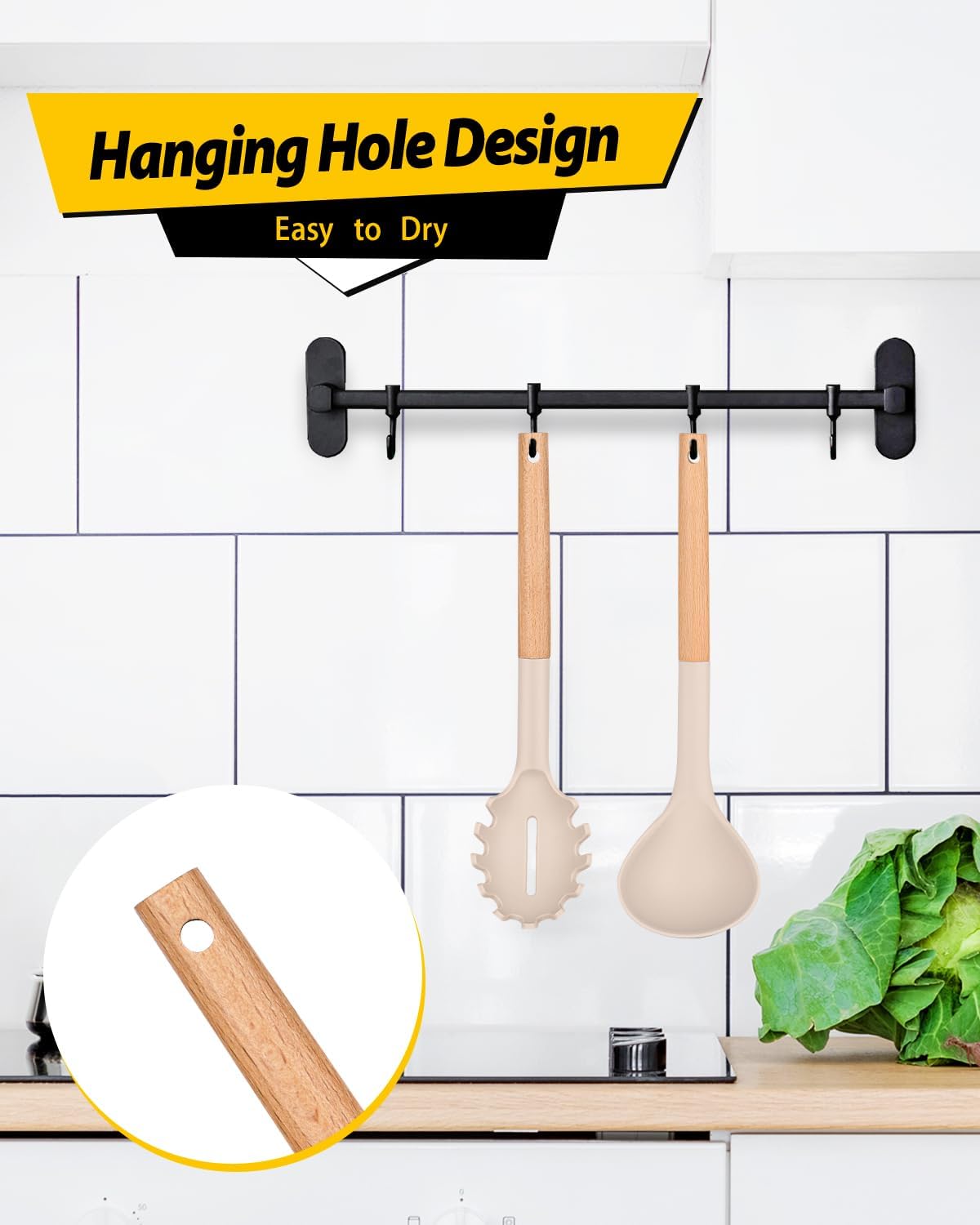 Silicone Pasta Fork and Ladle Set with Wooden Handles