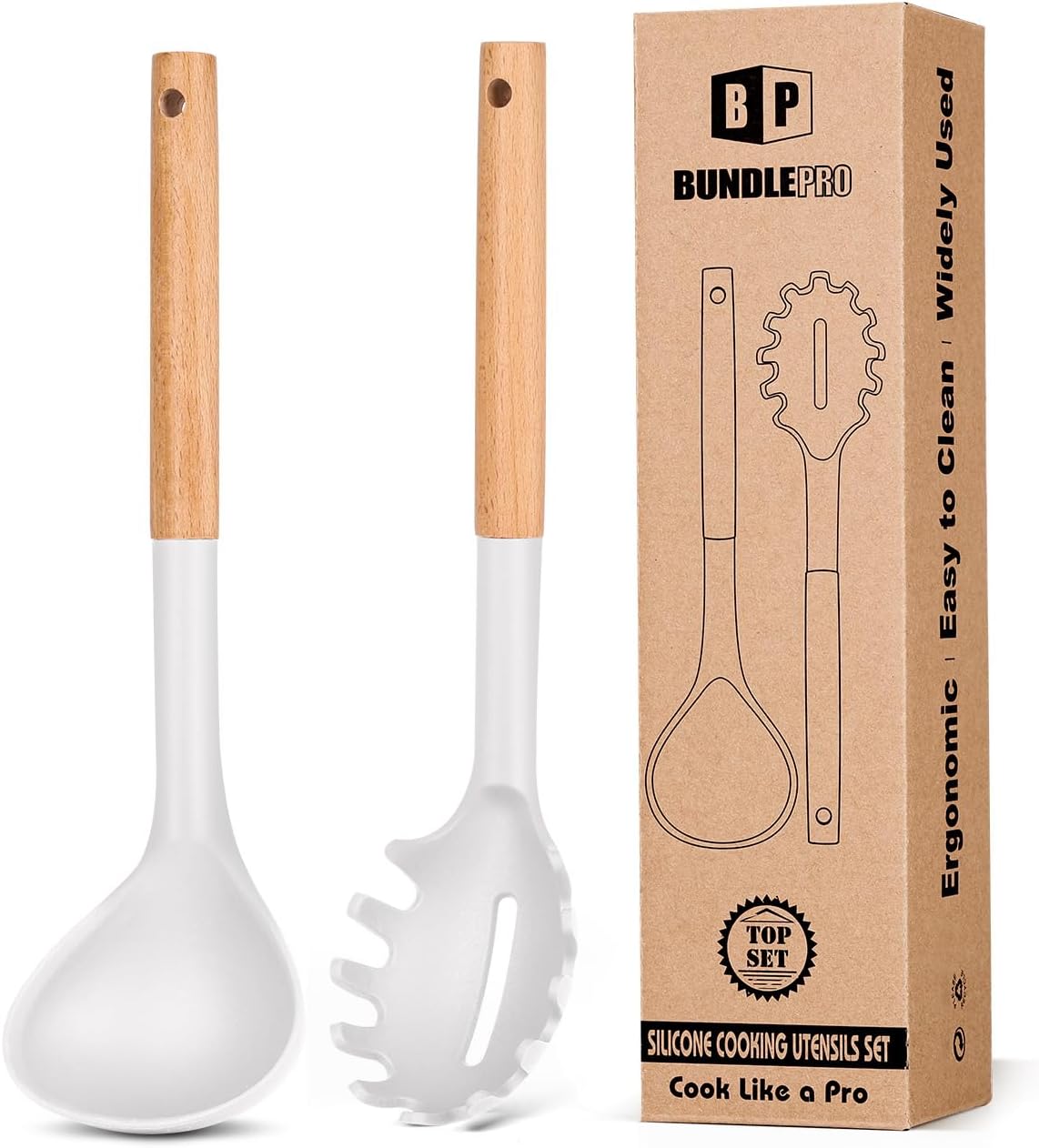 Silicone Pasta Fork and Ladle Set with Wooden Handles