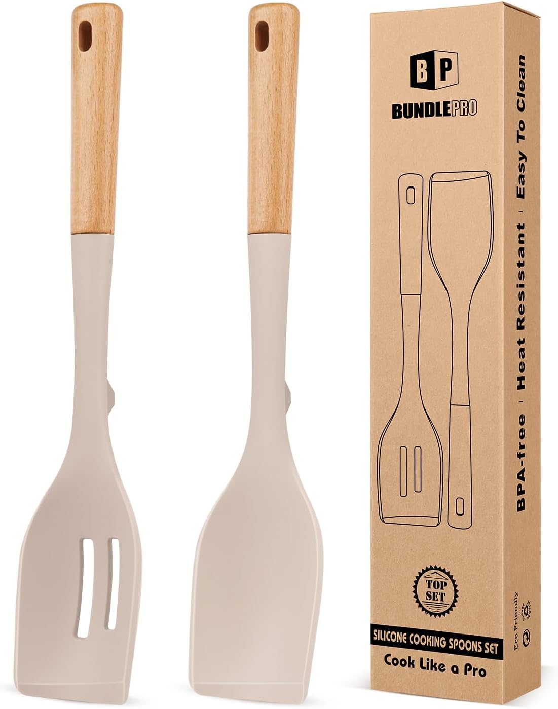 2-Pack Silicone Cooking Spoons with Wooden Handles