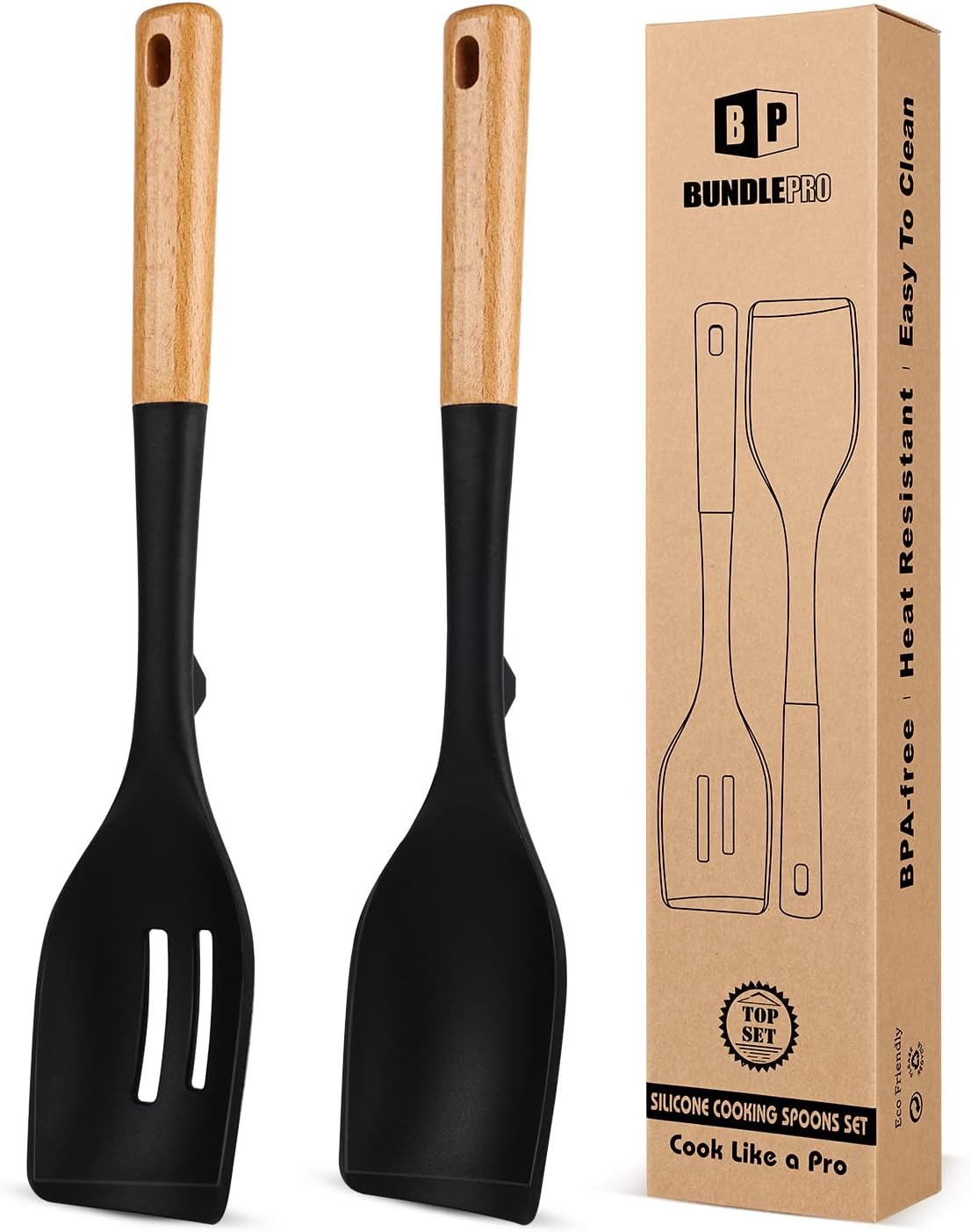 2-Pack Silicone Cooking Spoons with Wooden Handles