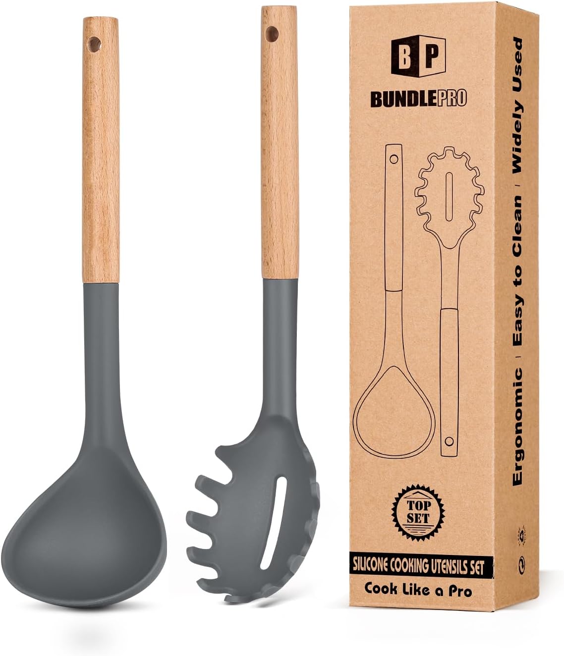 Silicone Pasta Fork and Ladle Set with Wooden Handles