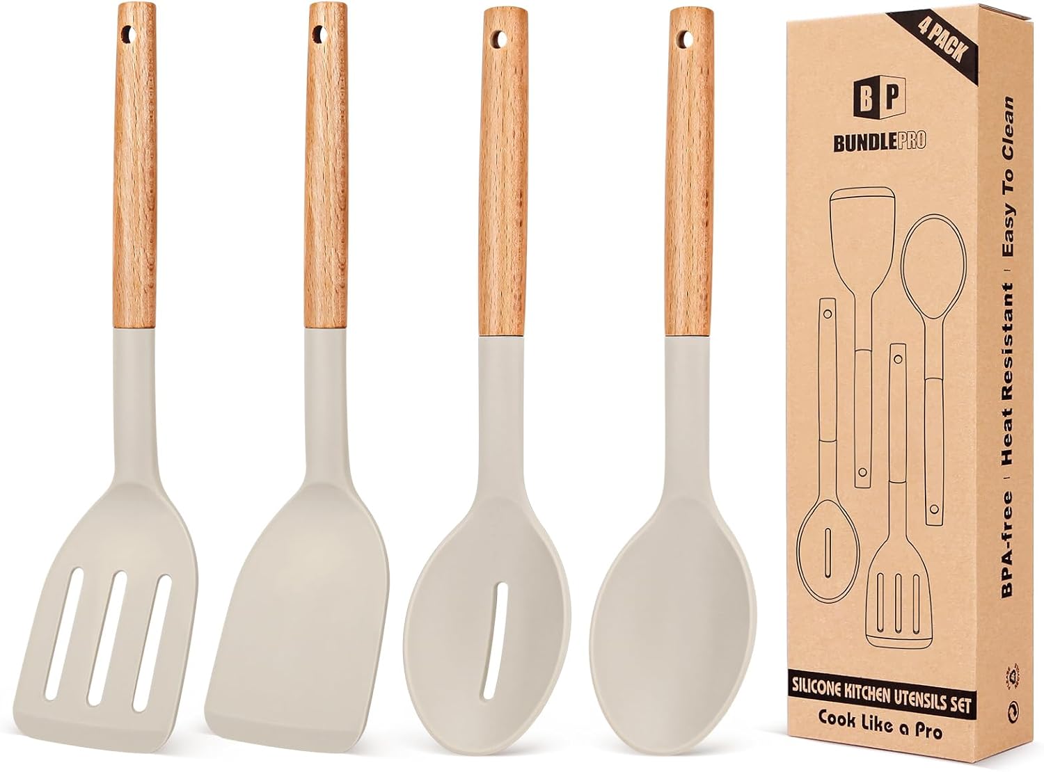 4-Piece Silicone Utensil Set with Wooden Handles