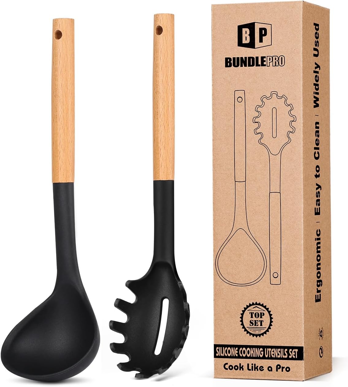 Silicone Pasta Fork and Ladle Set with Wooden Handles