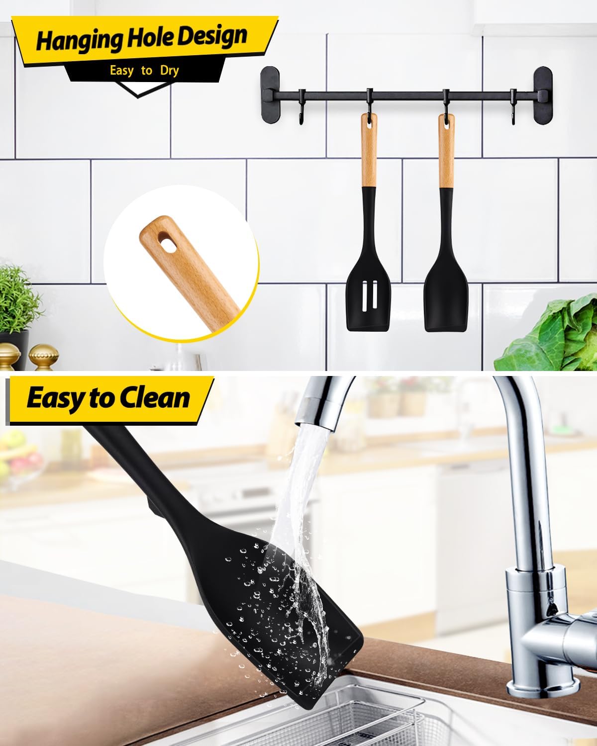 2-Pack Silicone Cooking Spoons with Wooden Handles