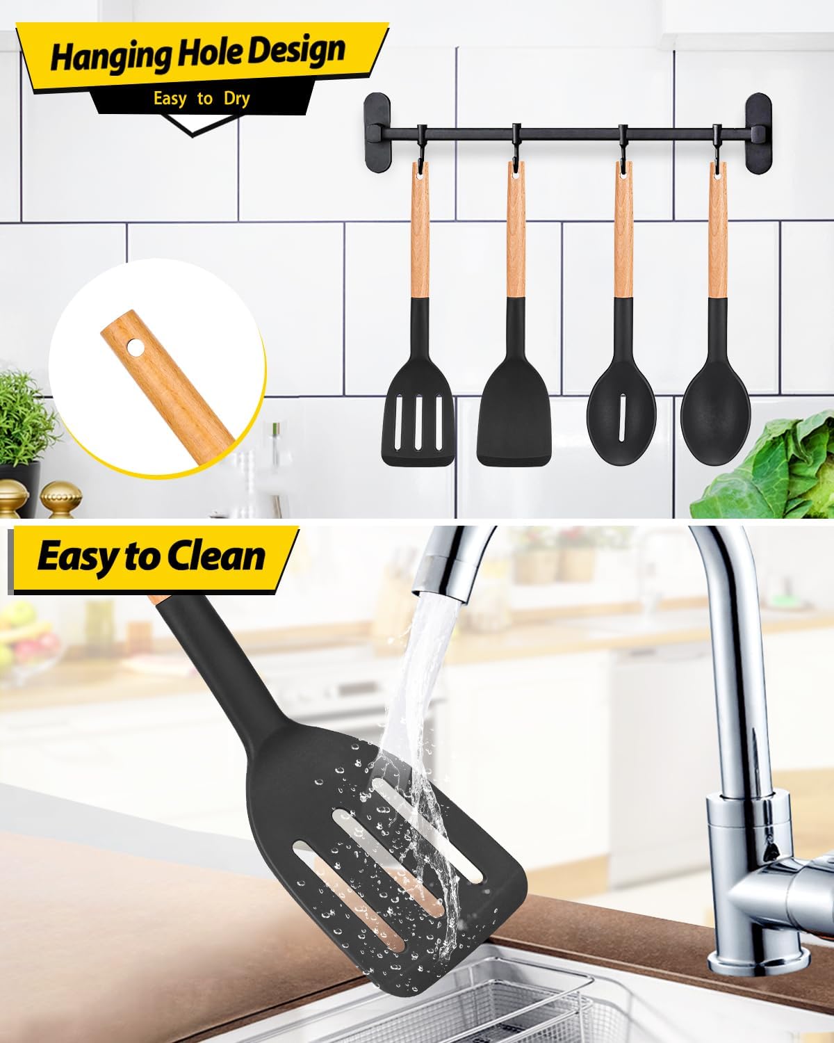 4-Piece Silicone Utensil Set with Wooden Handles