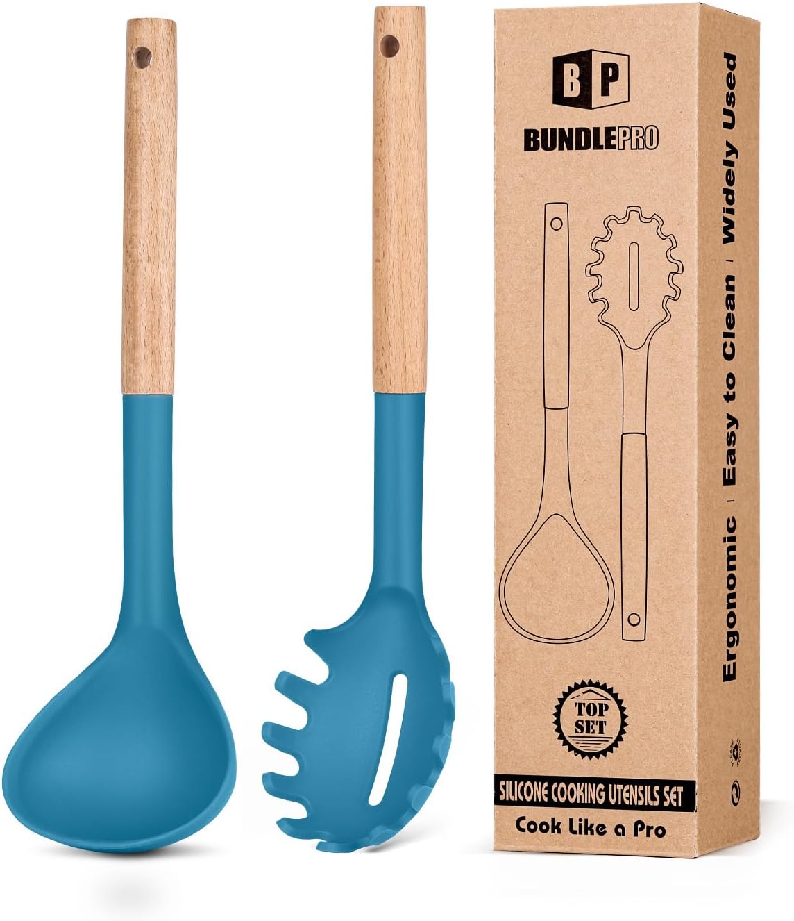 Silicone Pasta Fork and Ladle Set with Wooden Handles