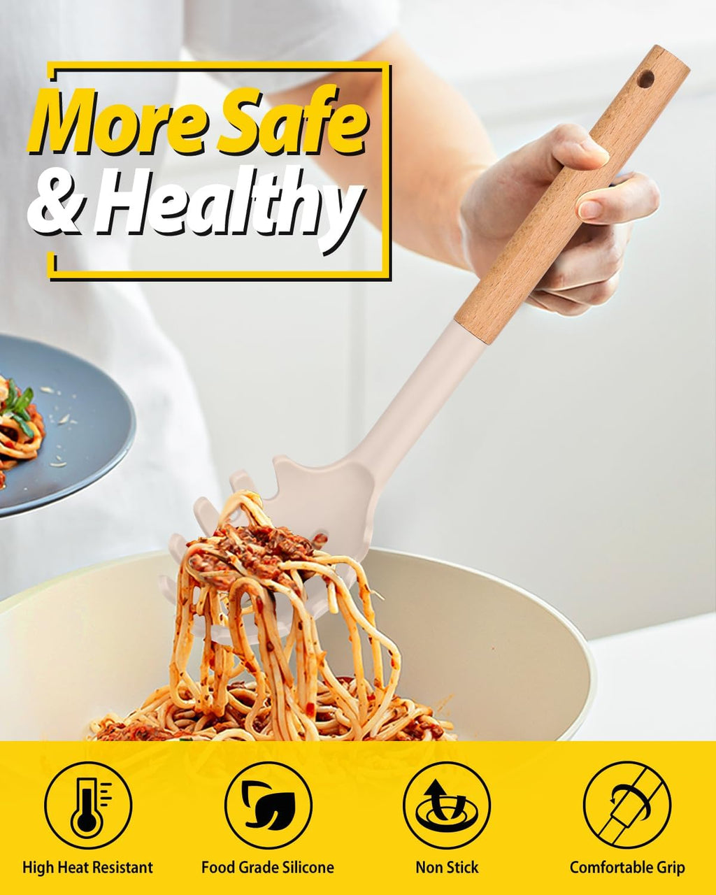 Silicone Pasta Fork and Ladle Set with Wooden Handles