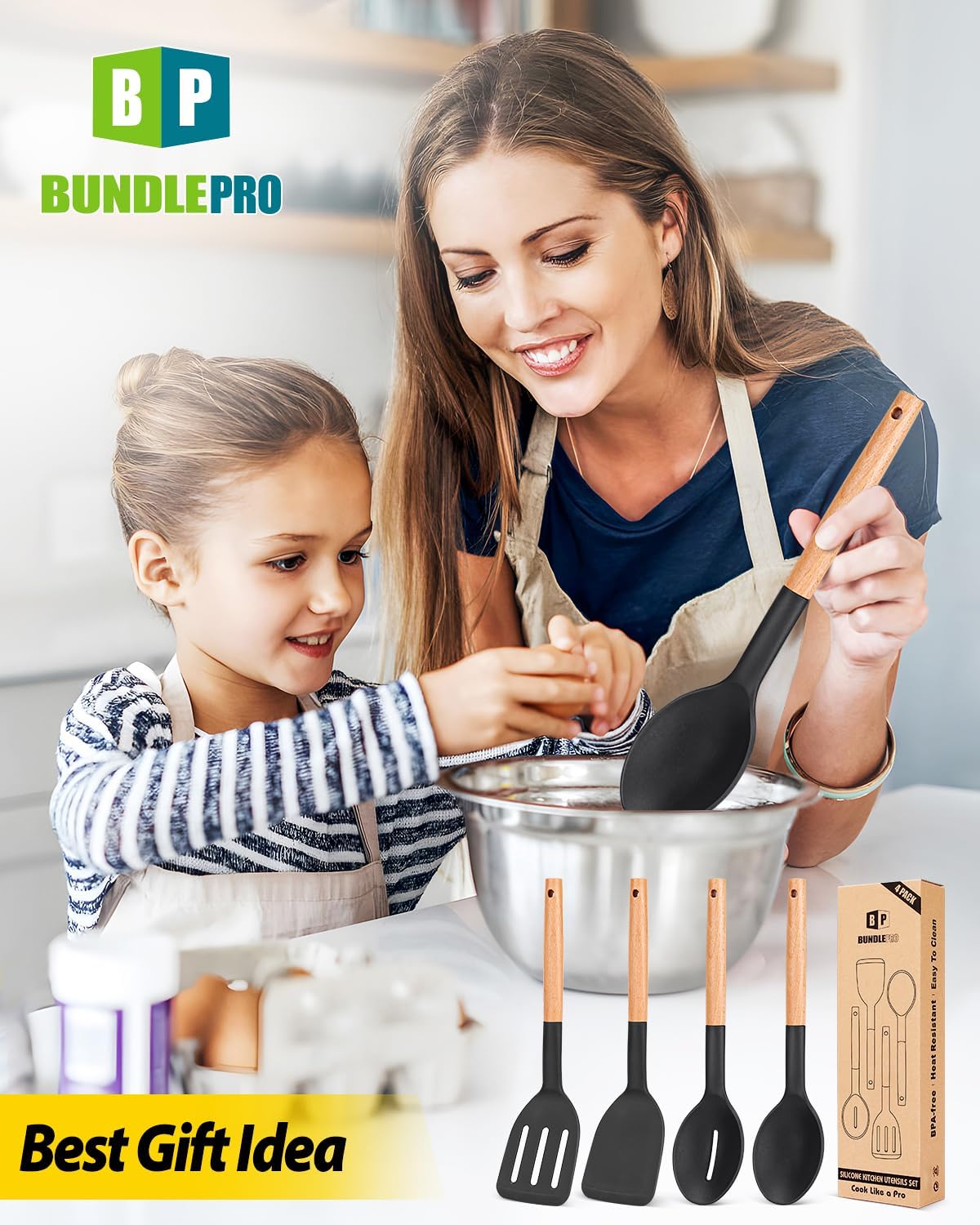 4-Piece Silicone Utensil Set with Wooden Handles