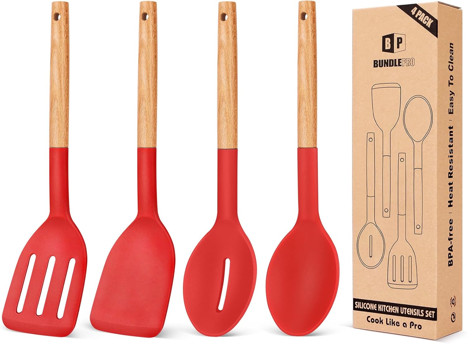 4-Piece Silicone Utensil Set with Wooden Handles