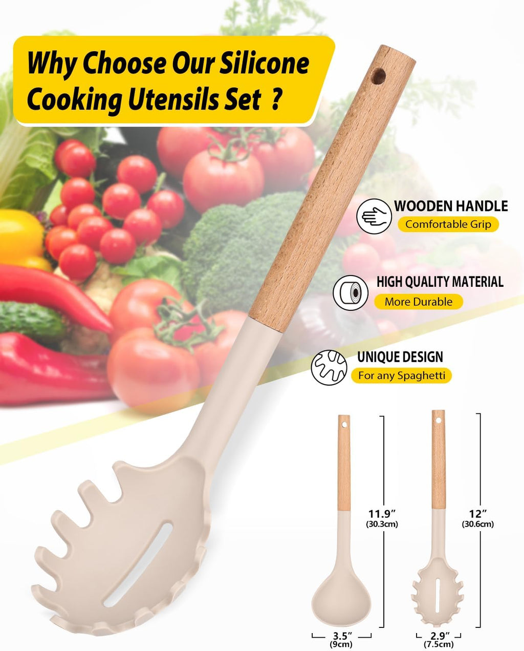 Silicone Pasta Fork and Ladle Set with Wooden Handles