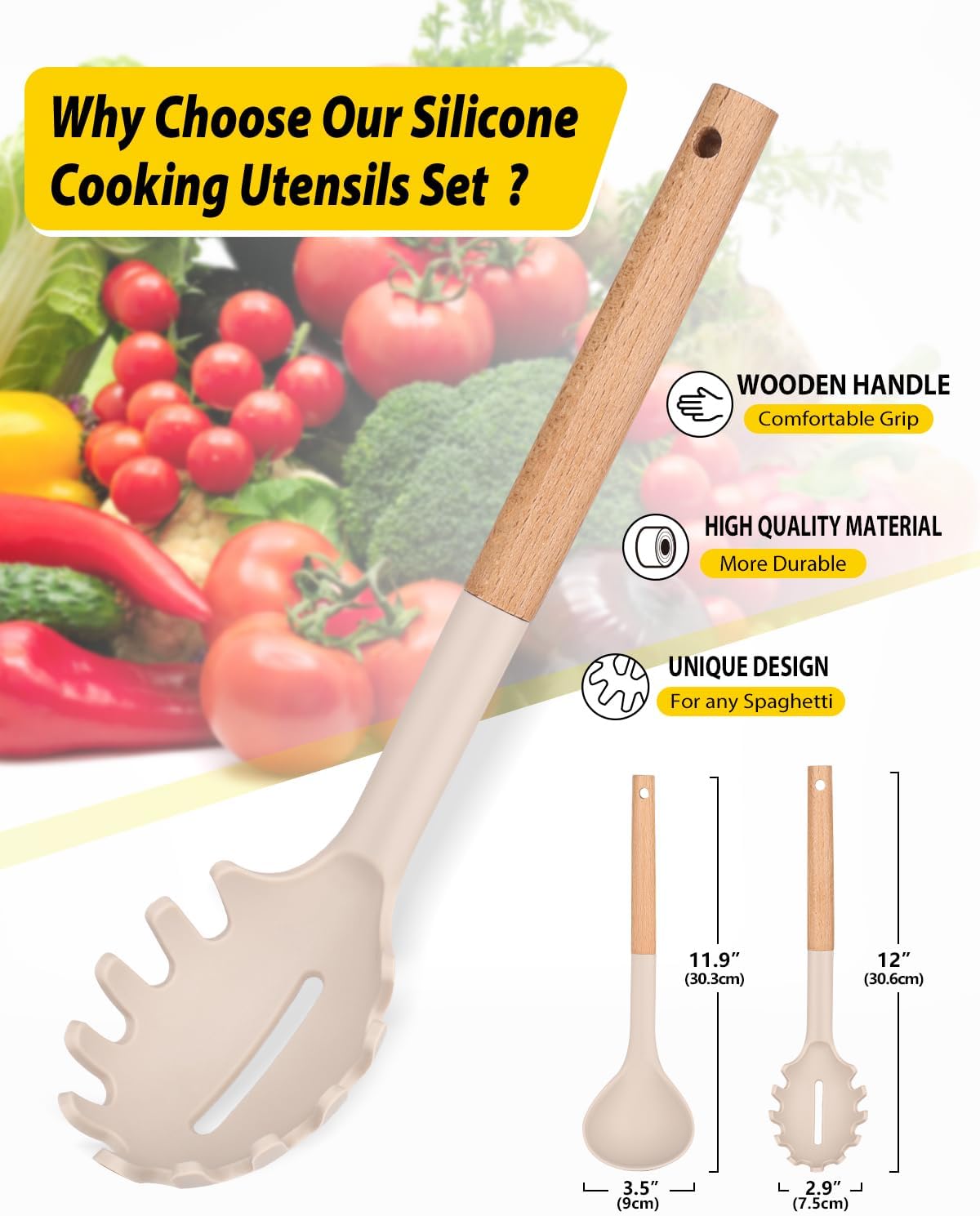Silicone Pasta Fork and Ladle Set with Wooden Handles
