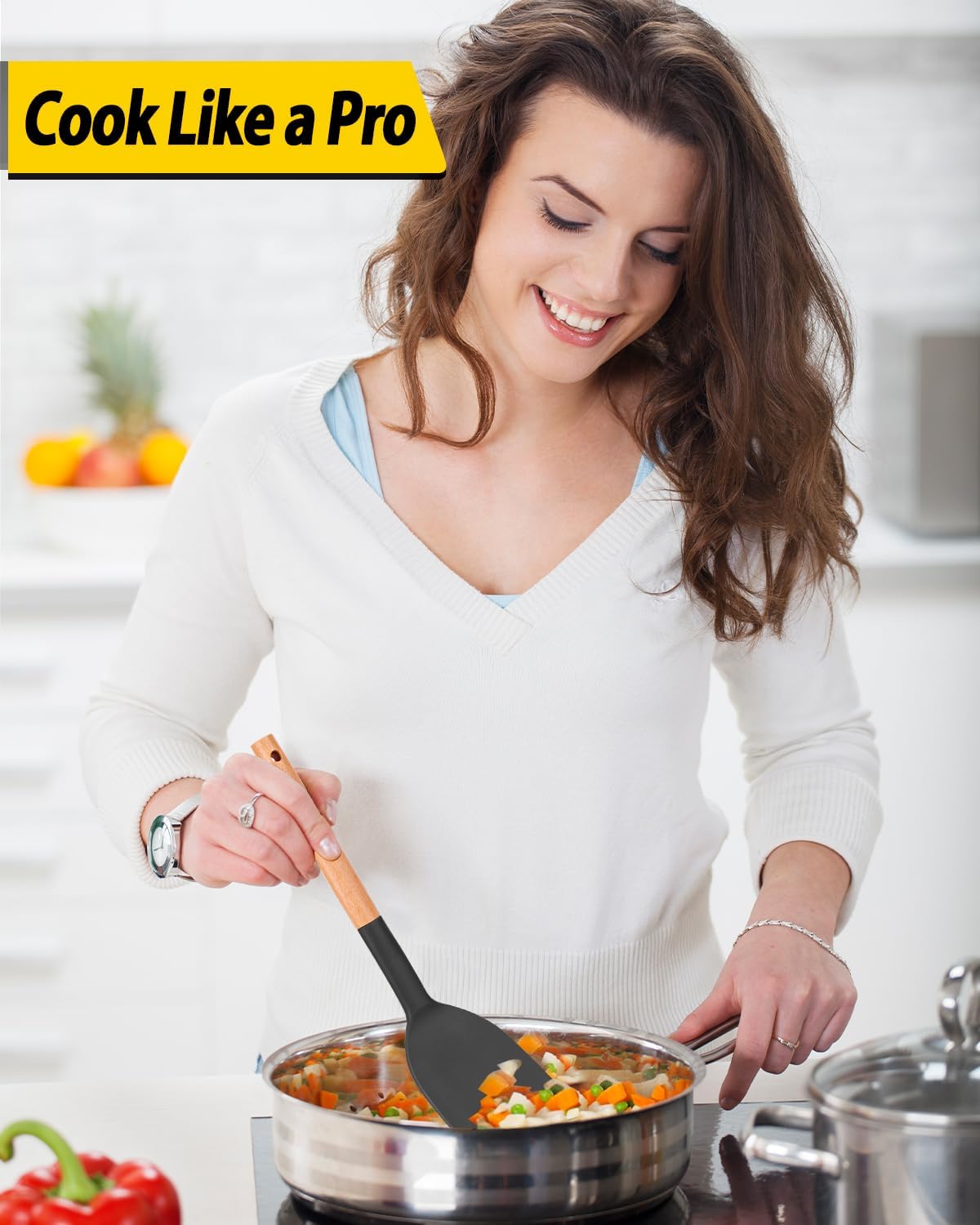 4-Piece Silicone Utensil Set with Wooden Handles