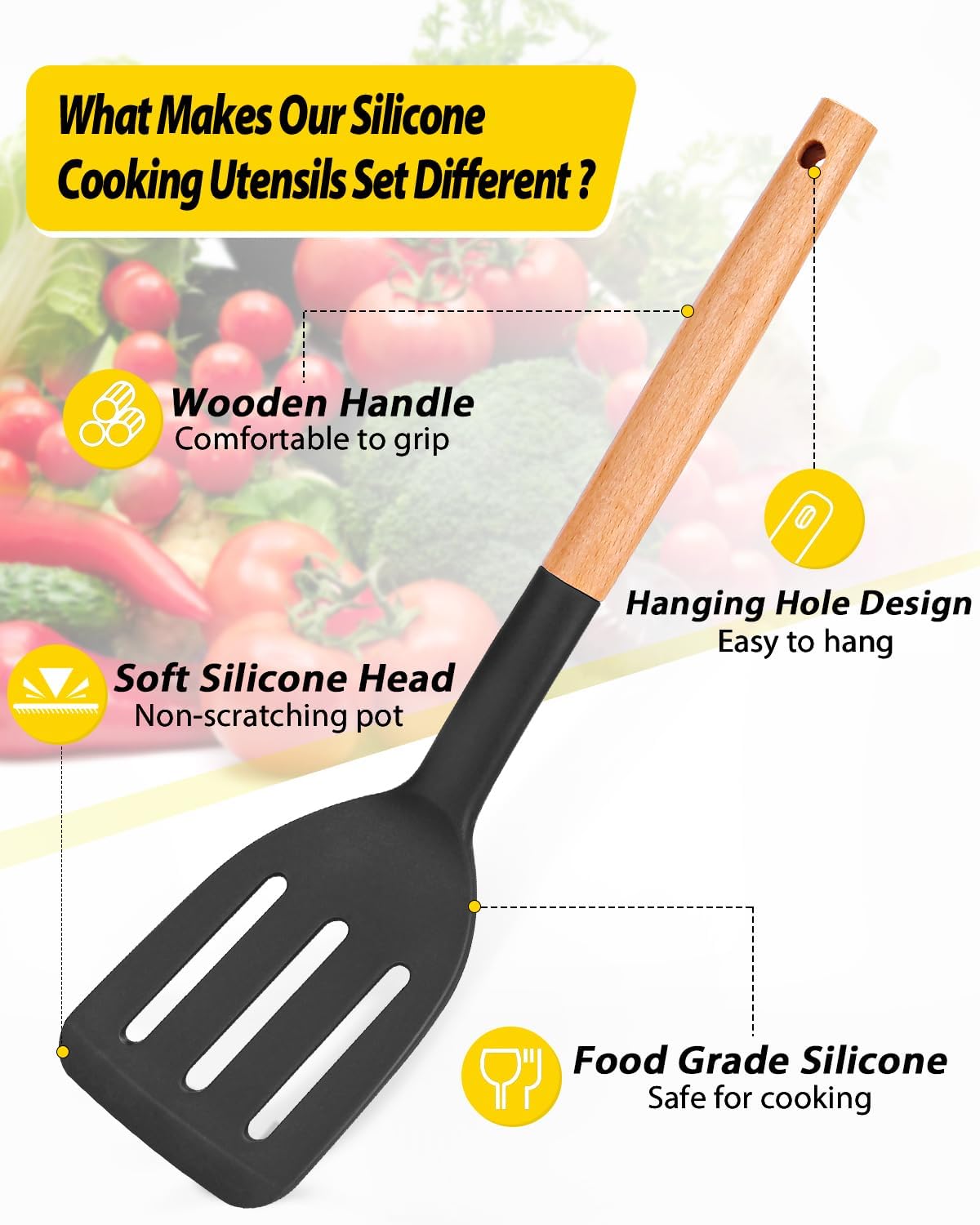 4-Piece Silicone Utensil Set with Wooden Handles