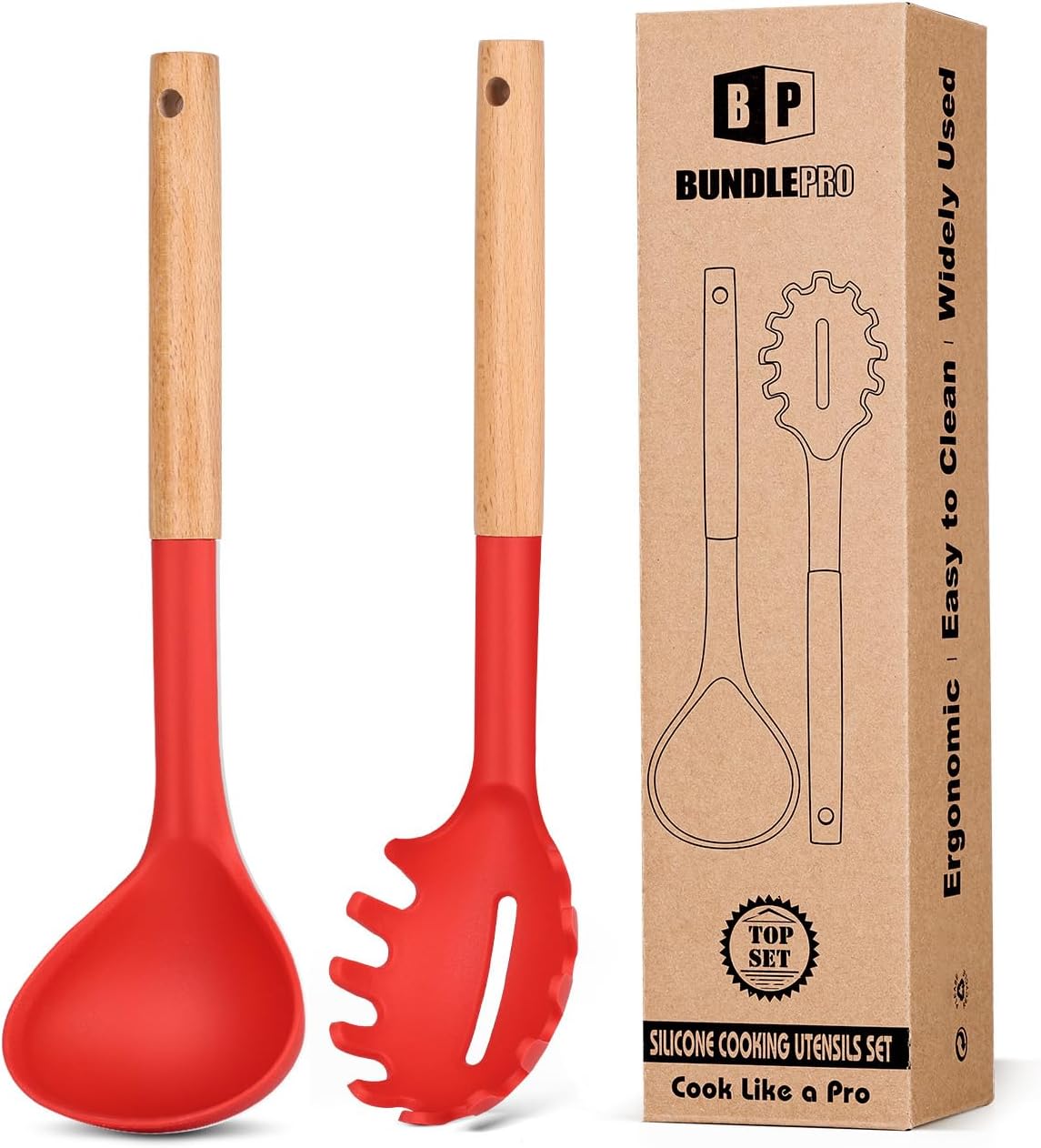 Silicone Pasta Fork and Ladle Set with Wooden Handles