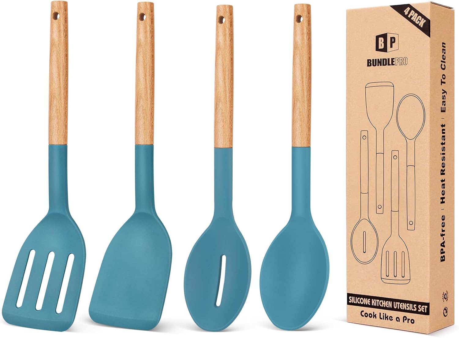 4-Piece Silicone Utensil Set with Wooden Handles