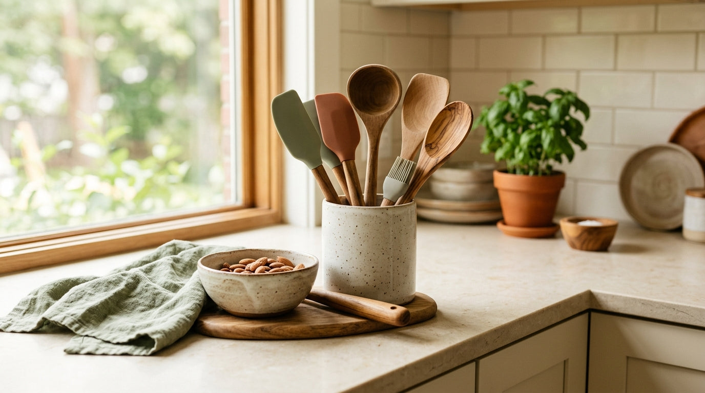 Warm kitchen counter with silicone utensils and cooking tools