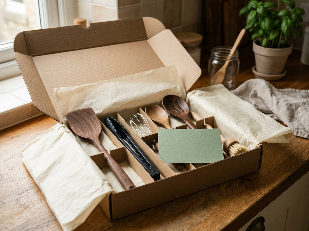 Carefully packed kitchen tools in warm shipping box
