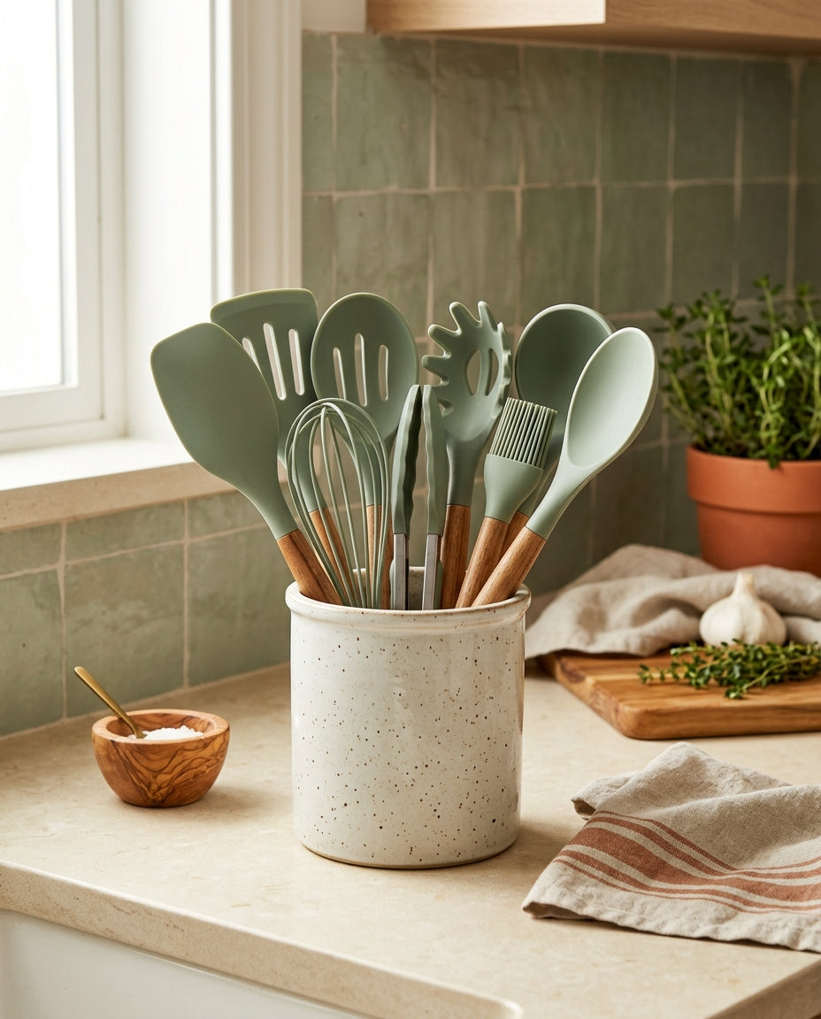 Coordinated silicone kitchen utensil set in a ceramic crock